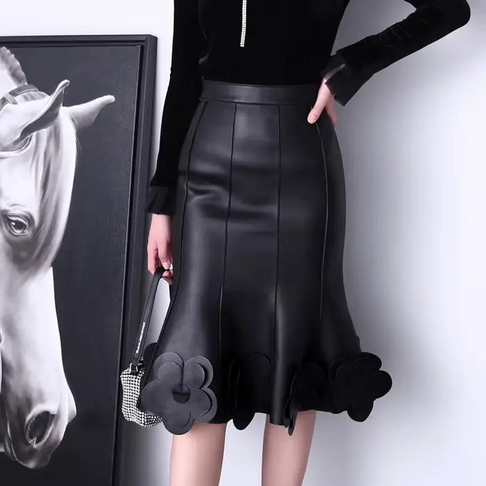 Femmes en cuir véritable Jupe Femme élégant taille haute 3D fleurs noir blanc couleur contraste queu