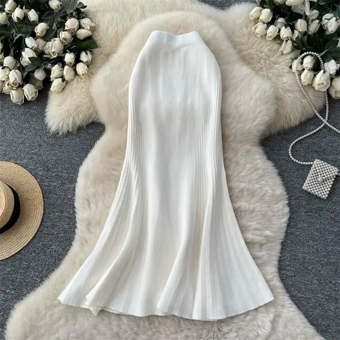 Jupe longue plissée en maille côtelée pour femme, taille haute élastique, coupe trapèze fluide, coul