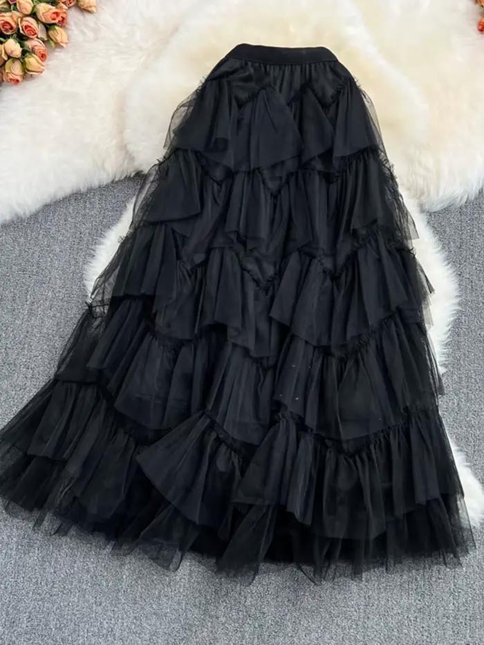 Tutu Tulle jupes longues femmes 2024 printemps coréen solide une ligne taille haute maille à plusieu