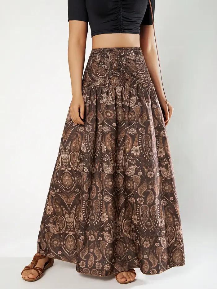 Jupes pour femmes, jupes smockées à taille haute, imprimé paisley, fluides, évasées, bohèmes, décont