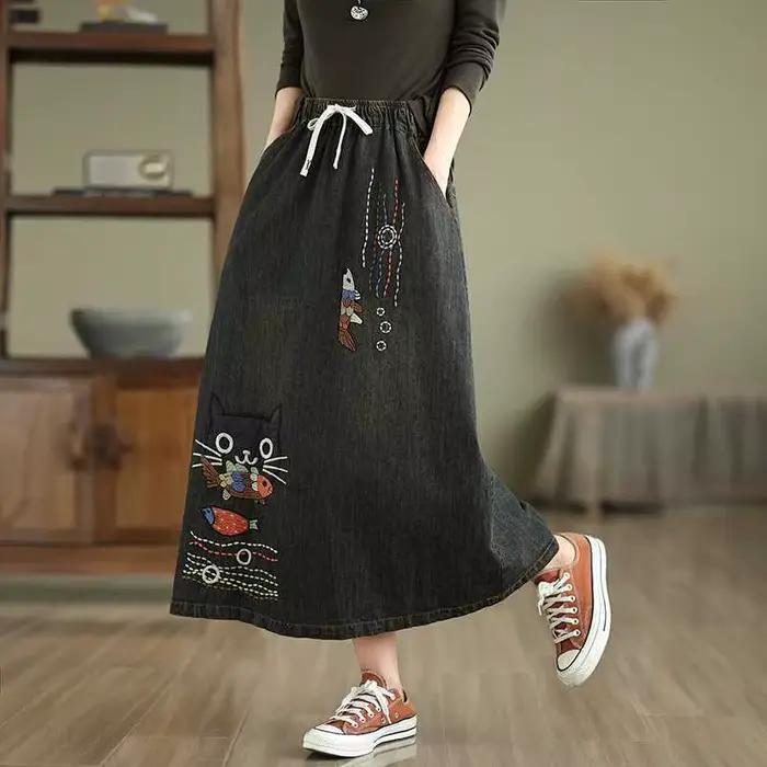 Jupes en jean pour femmes 2026, style rétro, broderie d'animaux de dessin animé, jupes mi-longues dé