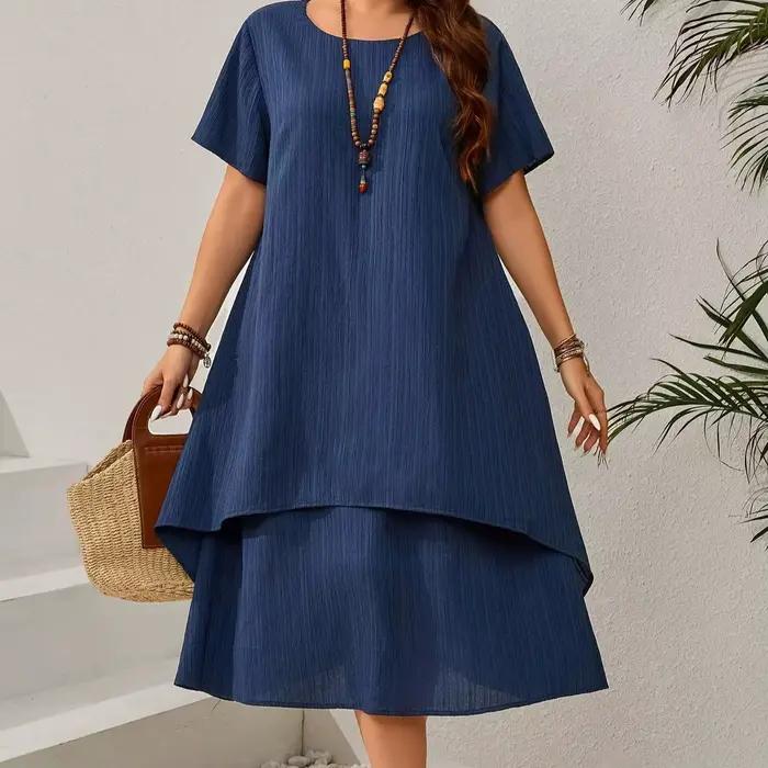 Robe ample bleu marine d'été pour femmes grandes tailles - Jupe midi irrégulière flatteuse pour les