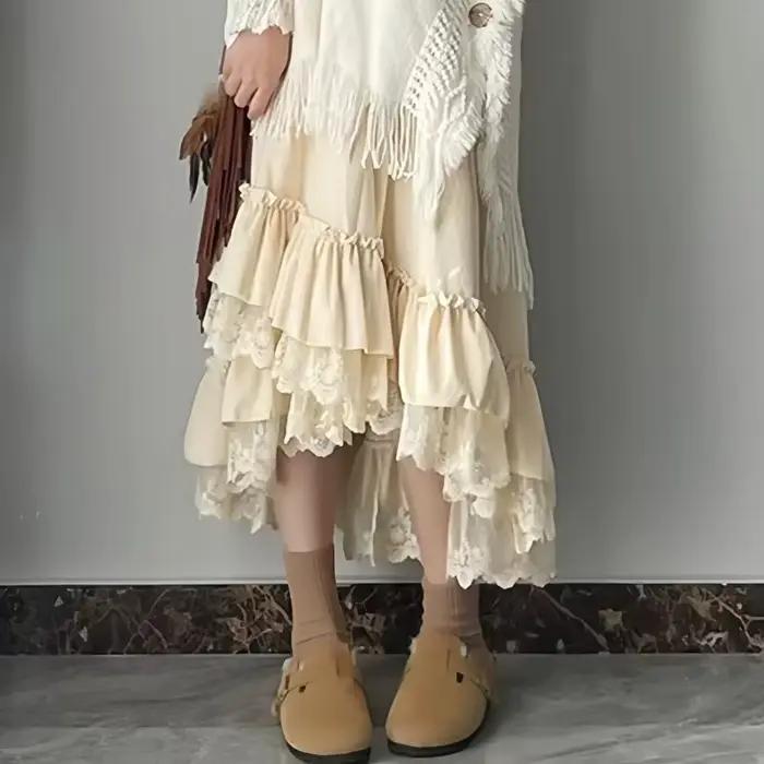 Jupes longues en dentelle à volants irréguliers pour femmes, Vintage, élégant, esthétique, Beige, au