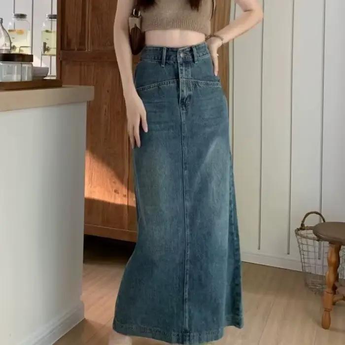Jupe en jean taille haute pour femme, design amincissant, nouveau Jupe Trapèze Longue, Après Fente