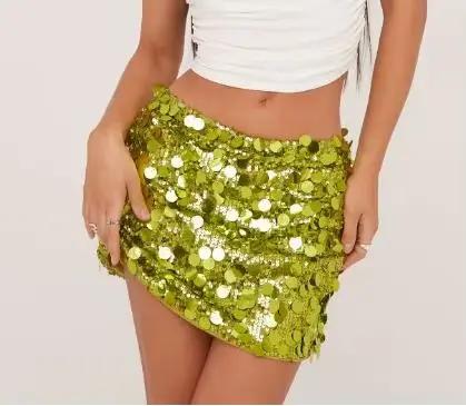 Mini jupe courte moulante à paillettes scintillantes pour femmes, taille moyenne, coupe cintrée, pou