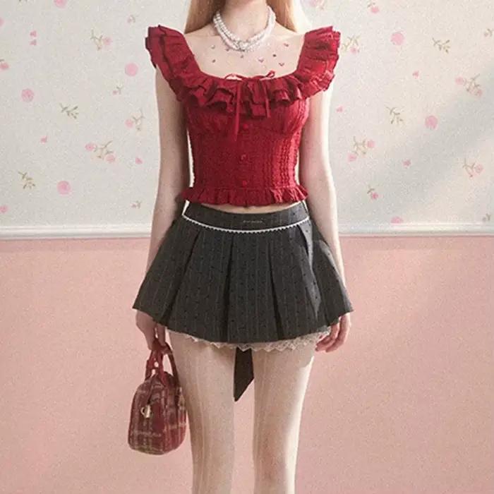 Jupe mi-longue plissée style américain pour femme, motif pois, avec nœud papillon, style universitai