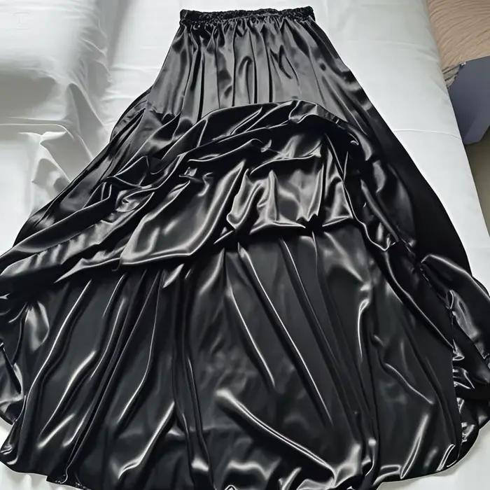 Longueur 90 cm Satin soie Sexy femmes taille haute Maxi jupe ample longs bas