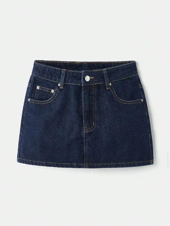 Nouvelle jupe en jean bleu marine taille haute pour femmes, été