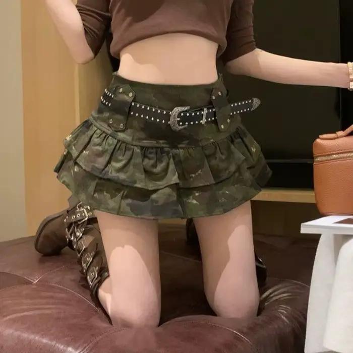 Jupes plissées sexy pour femmes Camouflage Y2k Spice Girl Cake Culottes Jupe courte avec ceinture