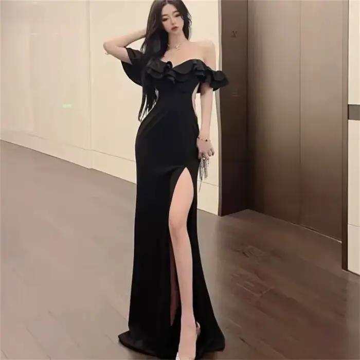 Robe de soirée rouge, sexy, dos nu, taille haute, fendue, à volants, élégante, pour femmes, 2025