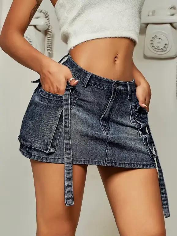 2026 nouvelle jupe Cargo femmes Y2k bouton Mini jupe en jean jupe en jean avec poche taille basse