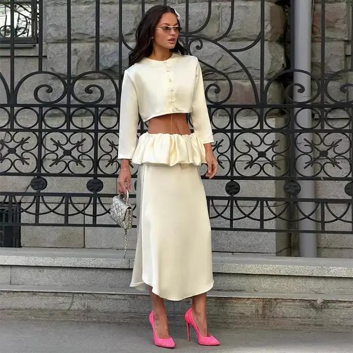 Nouvel ensemble élégant pour femme : haut uni, chemisier à col rond et manches longues boutonnées, j