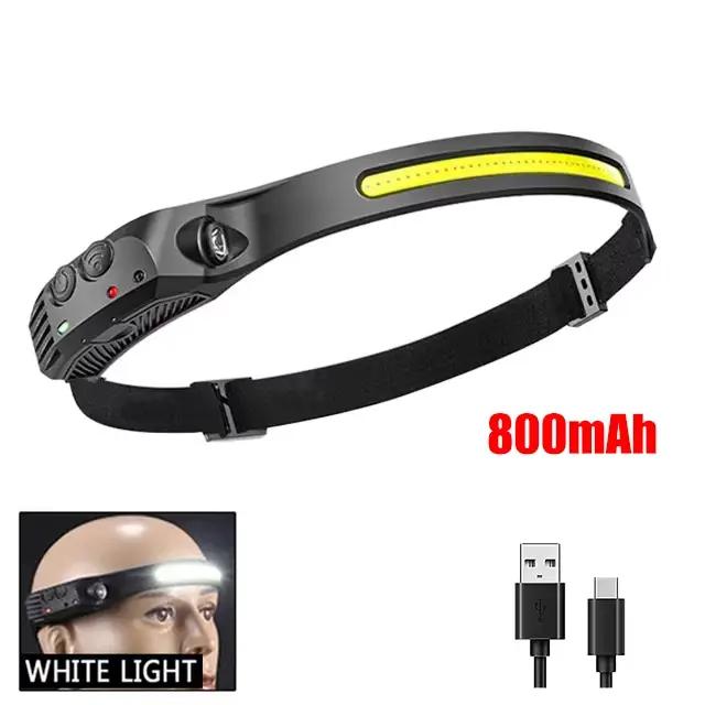Lampe frontale de sauna à induction LED COB, batterie intégrée, lampe de poche aste USB, capteur de