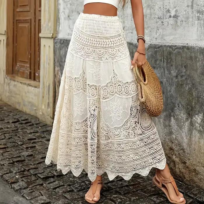 Jupe longue en dentelle crochetée, taille élastique, ajourée et brodée, style bohème, pour la plage,