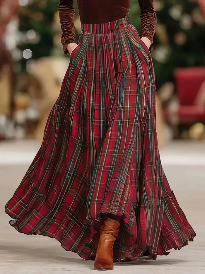 Jupe élégante rétro à motif écossais pour femmes grandes tailles, avec taille élastique, sans ceintu