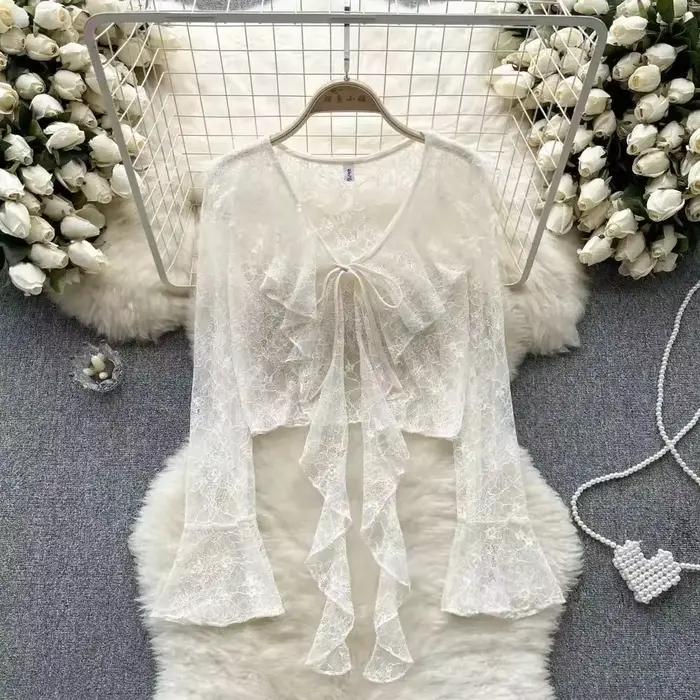 Manches longues mince respirant T-shirts femmes dentelle nœud Cardigan Blouse vêtements volants prot