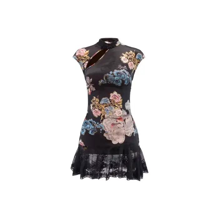Nouvelle jupe courte style chinois en cheongsam, moulante et amincissante, avec ourlet en dentelle,