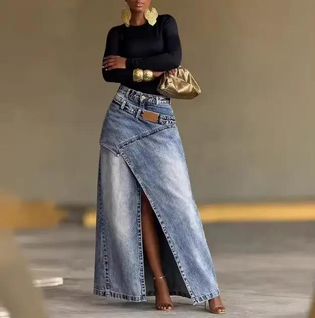 Jupe longue en jean décontractée pour femme, nouvelle collection printemps-automne 2026, couleur uni