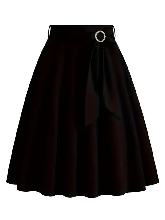 Femmes Bow Front A-Line solide rouge noir Jupe années 1950 Vintage femme vêtements 2025 été taille h