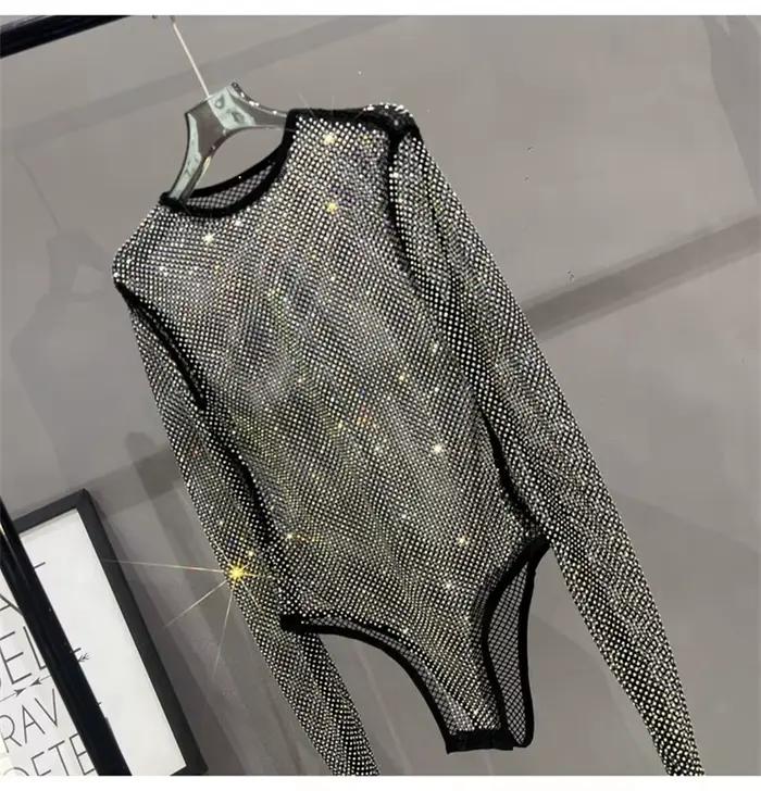 Combinaison à manches longues pour femmes, barboteuse Sexy en maille ajourée, tenue décontractée sci
