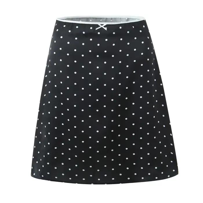 YENKYE-Jupe trapèze à pois pour femme, longueur genou, vintage, noir, blanc, sexy, taille basse, vac