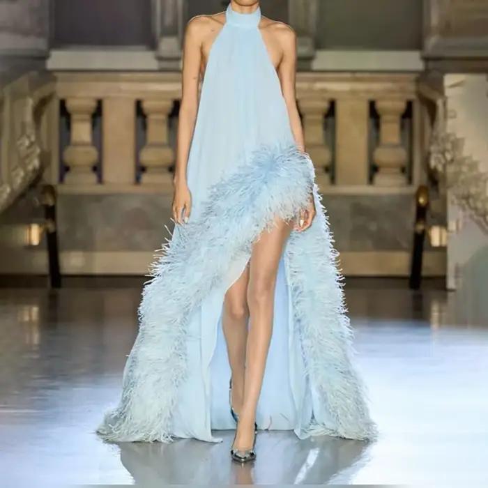 Superbe robe Haute Couture avec plumes robe de soirée en Tulle robe de bal de luxe sans manches fend