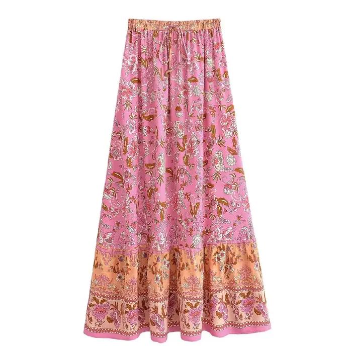 2025 BOHO rose contraste imprimé fleuri Maxi jupe longue épissé à volants ourlet Hippie femmes boule
