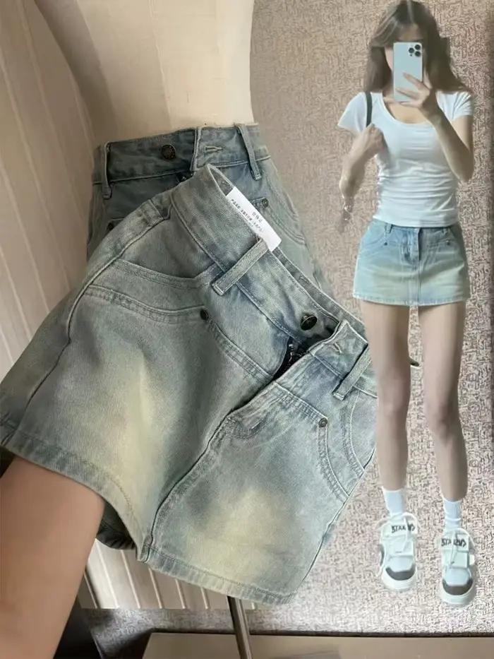 Jupe courte en jean pour femme, été, polyvalente, mode, taille haute élastique, coupe fine, mini-jup