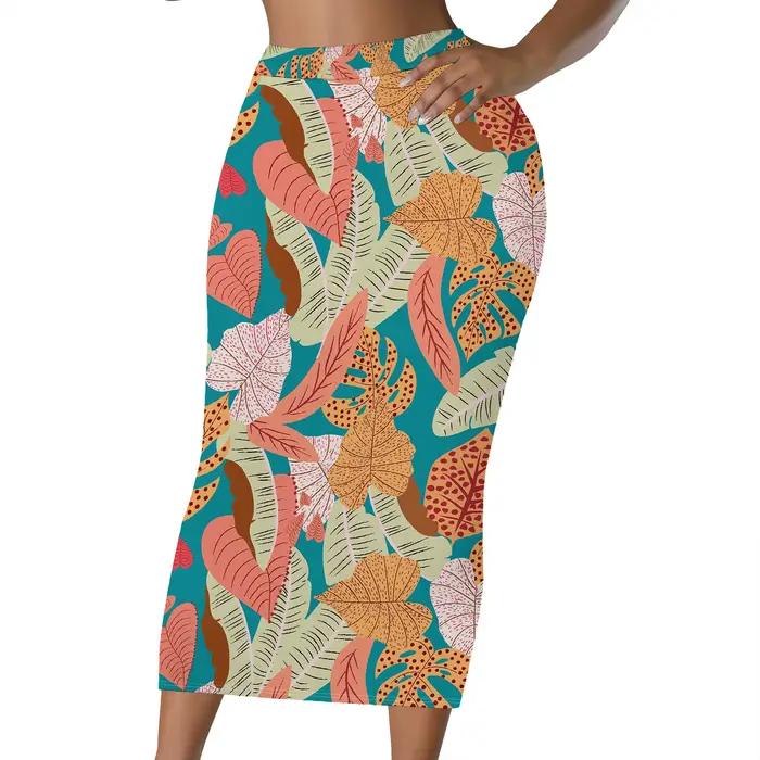Jupe à imprimé tropical, jupe midi bohème, jupe à motif de feuilles, jupe crayon taille haute, tenue