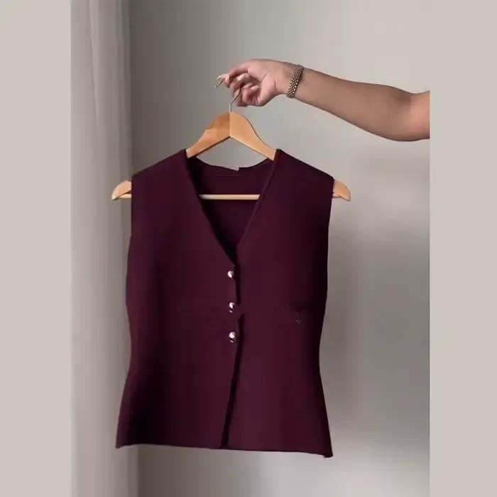 Femmes tricoté jupe ensemble vin rouge col en v sans manches Sllim gilet solide taille haute jupe pl