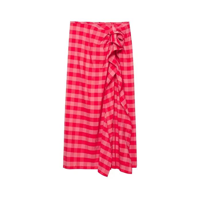 Jupe midi élégante HH en tissu écossais rouge pour femme, taille haute chic avec volants superposés,