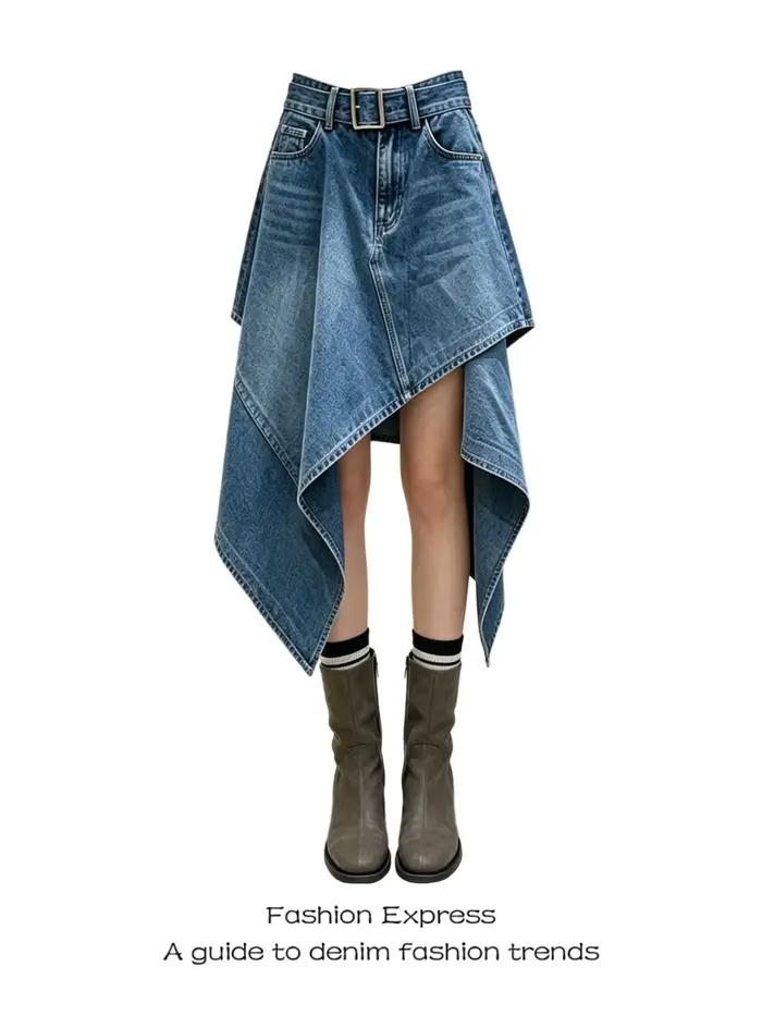 Jupe en jean bleue pour femme 2026, nouvelle collection, taille haute, coupe irrégulière trapèze, st