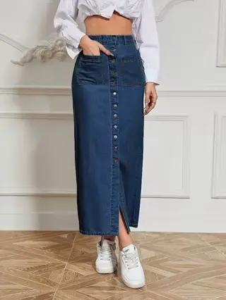 Jupe longue en jean extensible bleu pour femmes avec détails multi-breasted Style mince et Sexy jupe