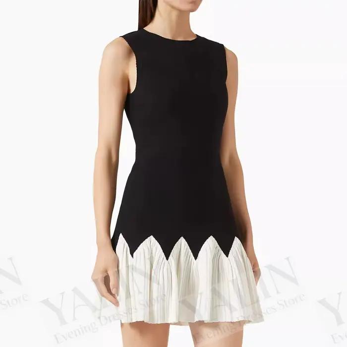 Mini robes de cocktail noires pour femmes, col rond, sans manches, robe de soirée simple, mode drapé