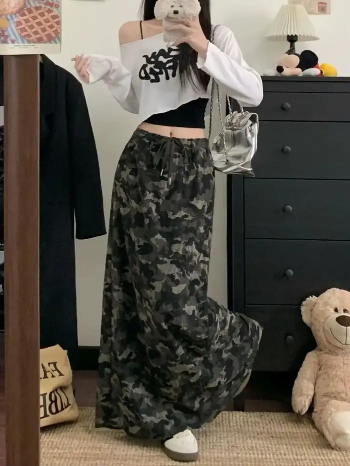Mini jupe de Camouflage rétro de Style américain, coupe droite avec cordon de serrage, mode femme, j