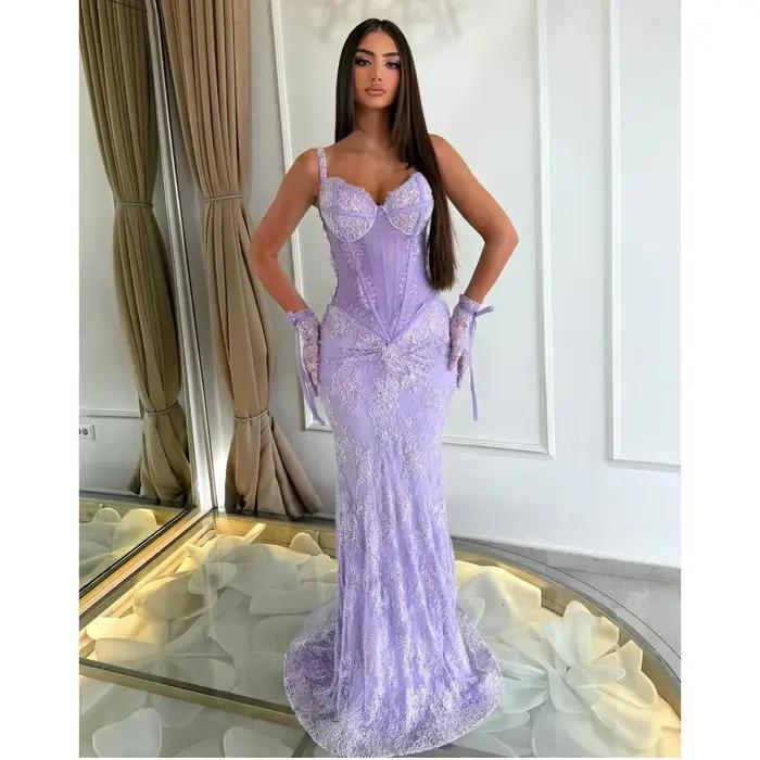 Robes de soirée lavande glamour en dentelle complète sans manches pour femmes, robes de bal longues
