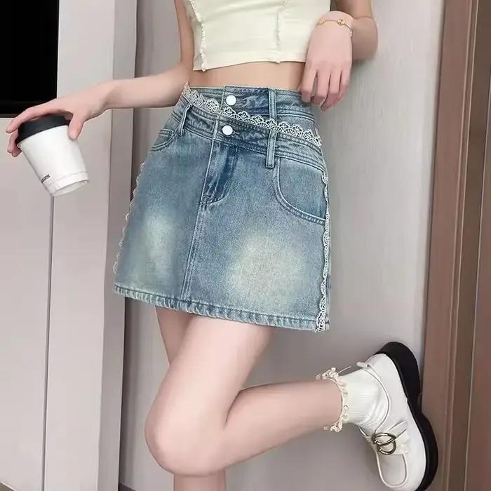 Femme Denim jupe courte épissage mignon taille haute jean jupes pour femmes qualité Harajuku vêtemen