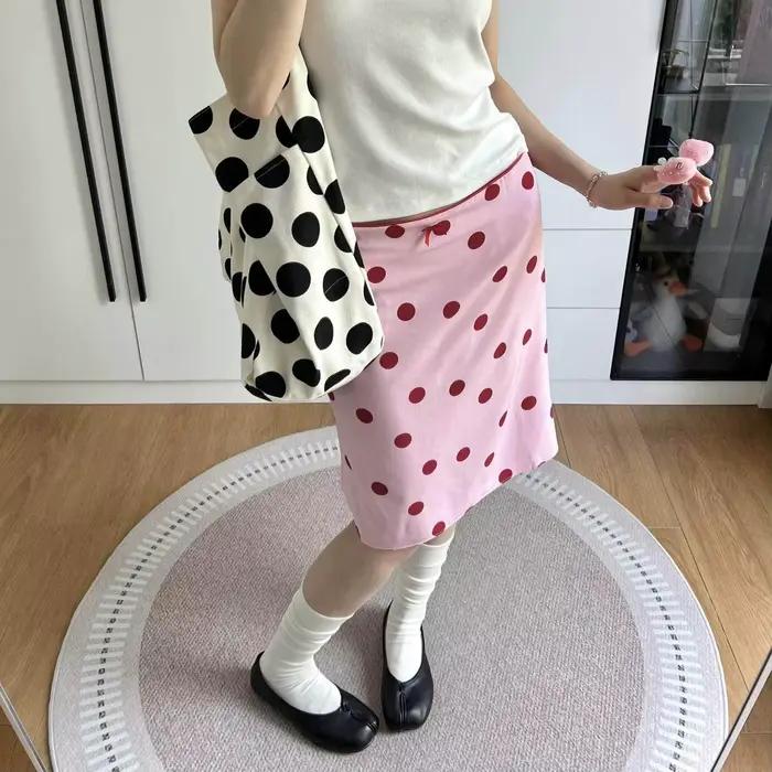 Jupe mi-longue tube droite à pois rose style rétro américain pour femme, nouvelle collection été 202
