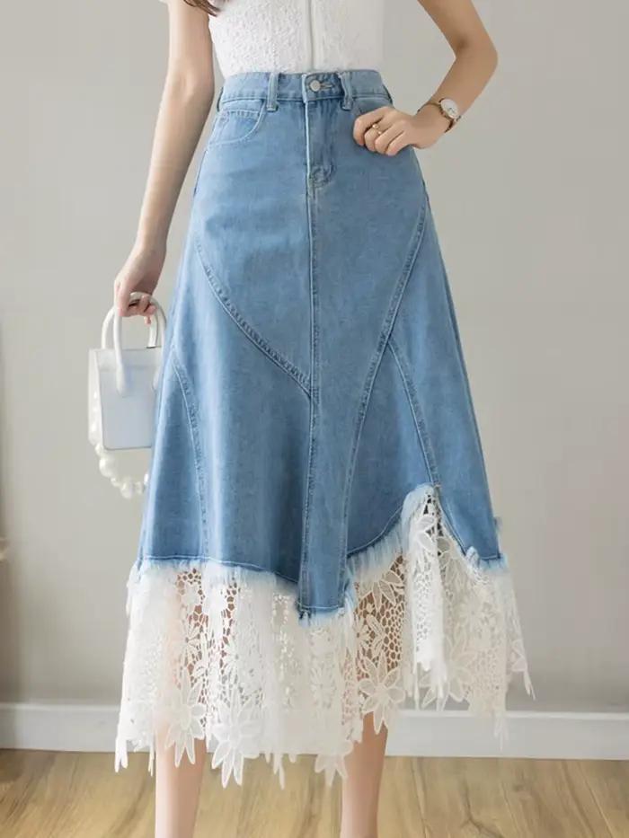 Jupe en jean évidée en dentelle patchwork vintage pour femmes, mode coréenne, taille haute, midi, de
