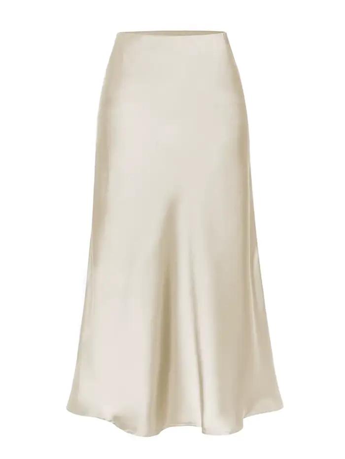 Jupes mi-longues en satin beige pour femmes, taille élastique, ligne A abricot, fente latérale, vête