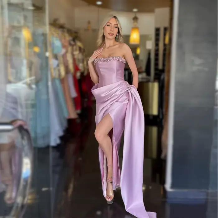 Robes de soirée sexy sans bretelles et sans manches pour femmes, robes de bal formelles en satin, Ve