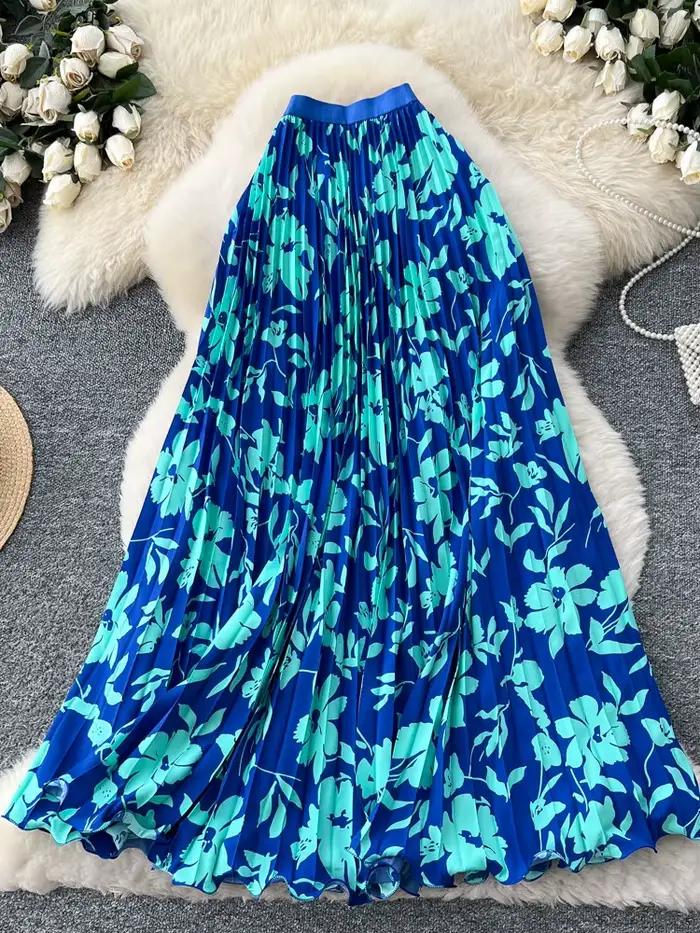 Femmes Style coréen jupe imprimée taille haute minceur a-ligne jupe plissée mi-longue jupe vacances