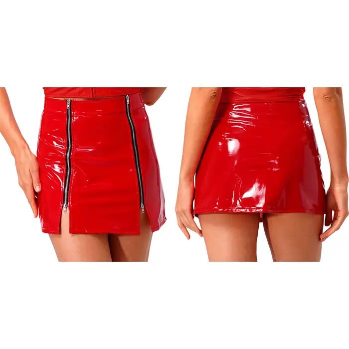 Jupe mini trapèze taille haute pour femme en similicuir effet mouillé avec fente, style moulant, pou