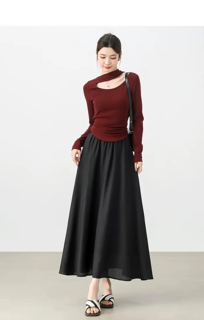 Jupe longue décontractée SENTUBILA pour femme, noire, en mélange de laine, élégante, coupe trapèze,