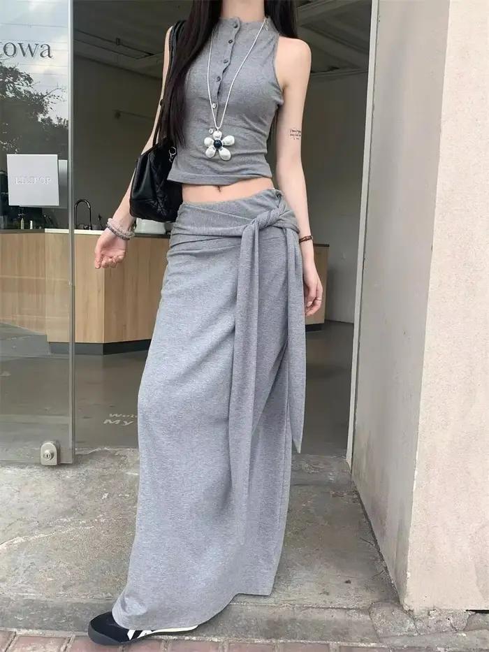 Jupe mi-longue grise trapèze moulante pour femme, nouvelle collection été 2026, jupe longue populair