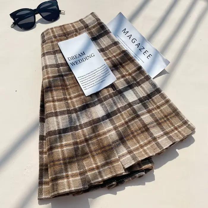 Jupe plissée en mélange de laine à carreaux pour femmes automne hiver taille haute jupe trapèze dame