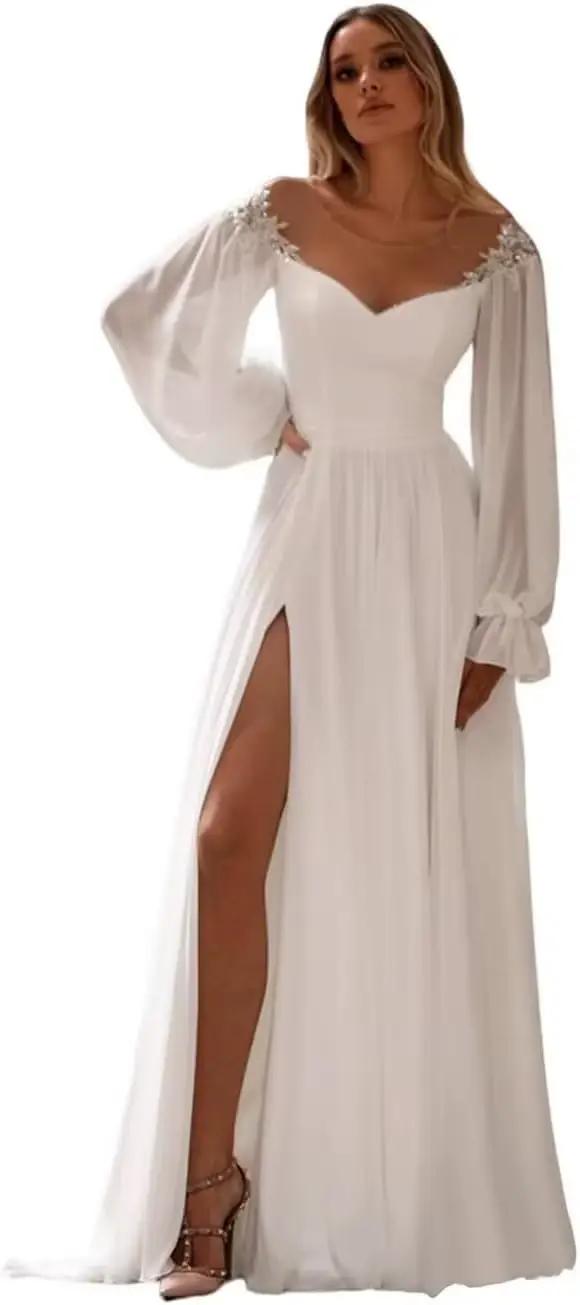 Robes de mariée personnalisées élégantes et simples à fente, manches longues, style bohème plage, ro