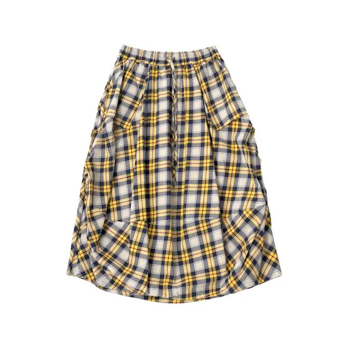 Jupe jaune à carreaux 2026 imakokoni originale, jupe lanterne en coton pur tissé artistique de coule