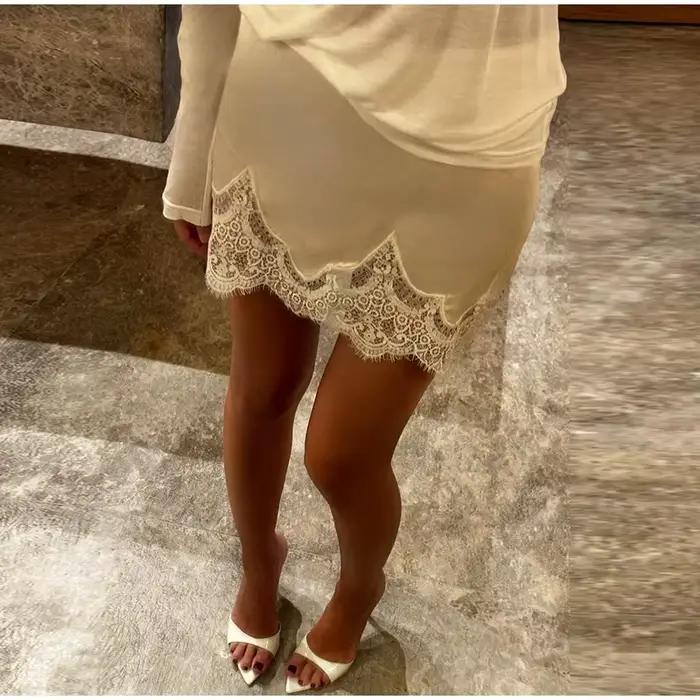 Femmes élégantes dentelle Satin épissé Mini jupe taille haute courte a-ligne jupes femme 2025 été au