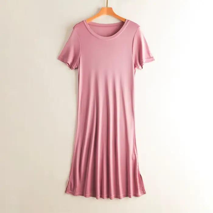 Robe en soie tricotée couleur unie, grande, moyenne, longue, soie mûre, manches courtes, col rond, j